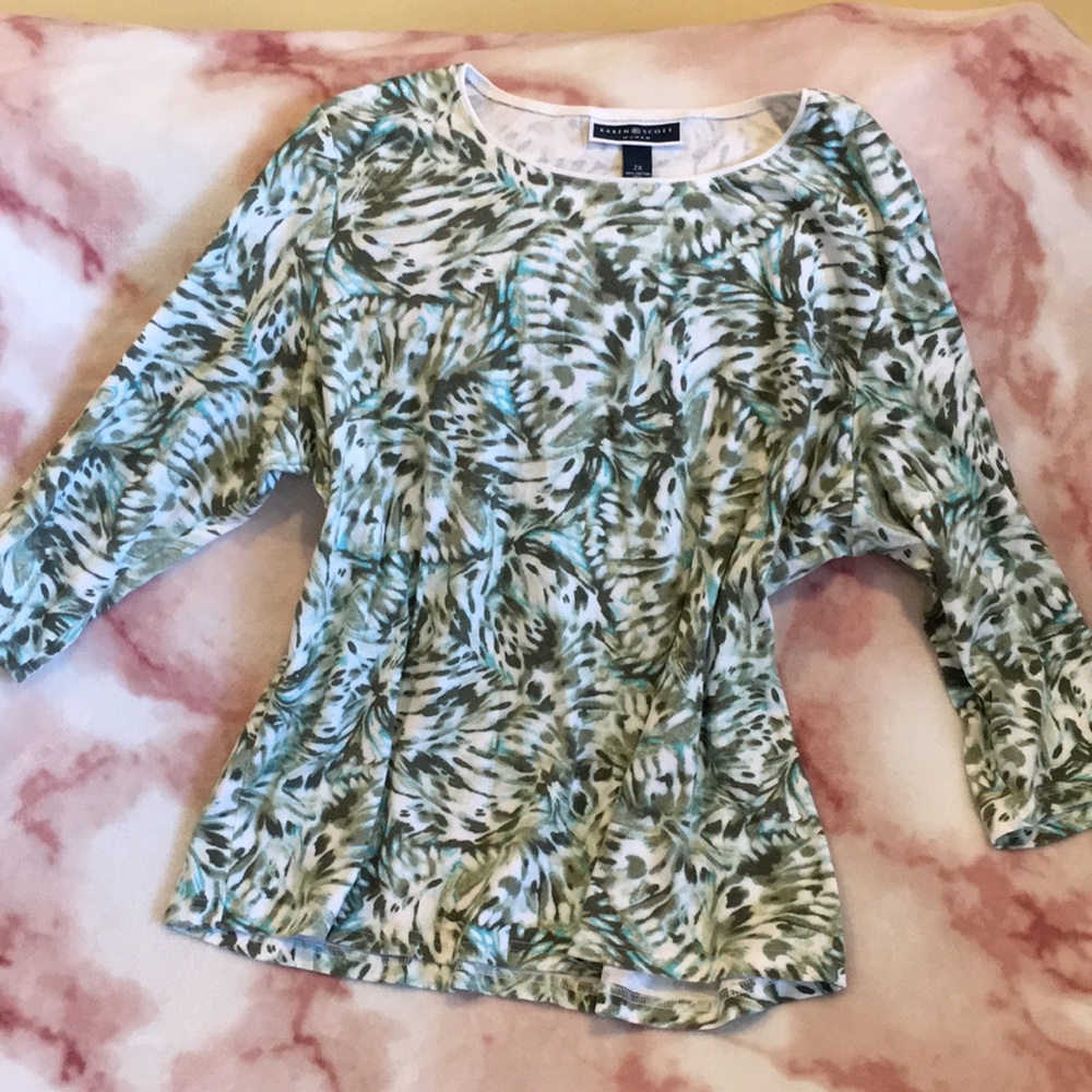 Karen Scott Woman 3/4 Length Sleeve Sportswear Tshirt Leafy Sage Teal Print plus
